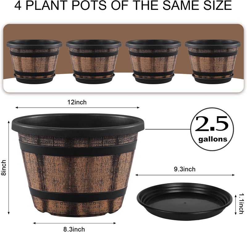Quarut Plant Pots Set of 4 Pack 12 inch,Large Whiskey Barrel Planters with Drainage Holes & Saucer.Plastic Flower Pots Imitation Wine Barrel Design, for Indoor & Outdoor Garden Home Plants (Brown) - Image 2